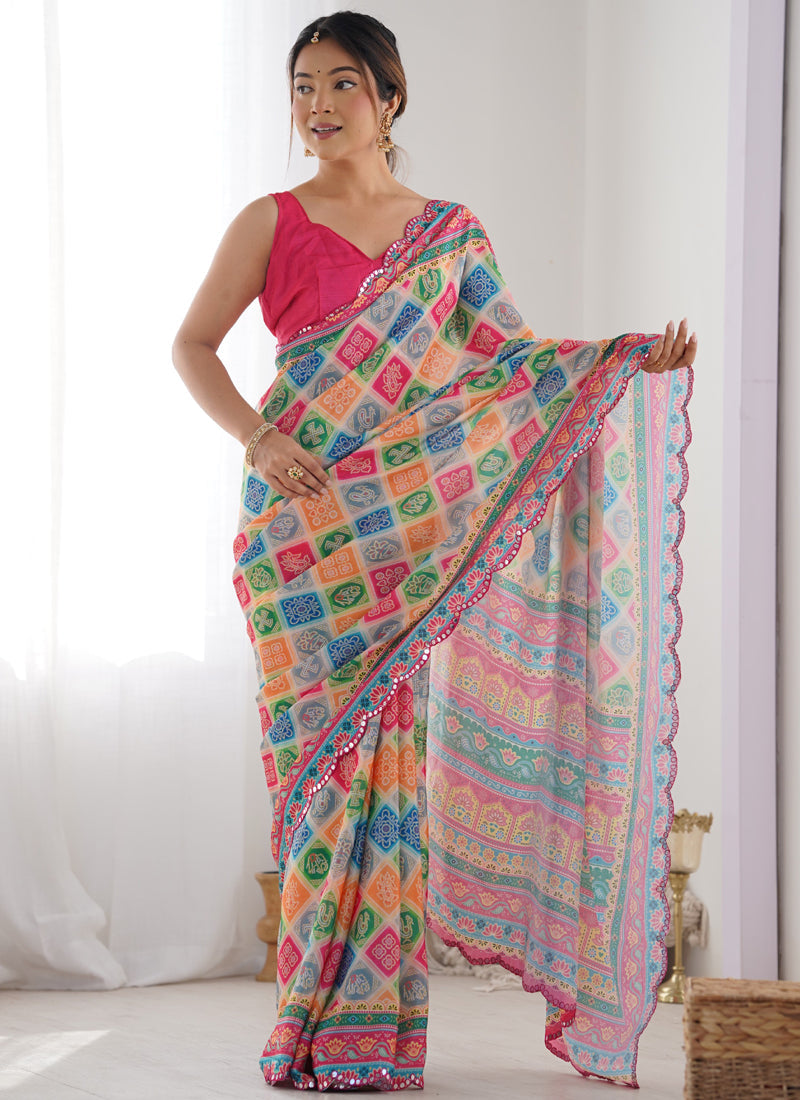 Multi Color Chinon Silk Printed Saree with Mirror Work Border