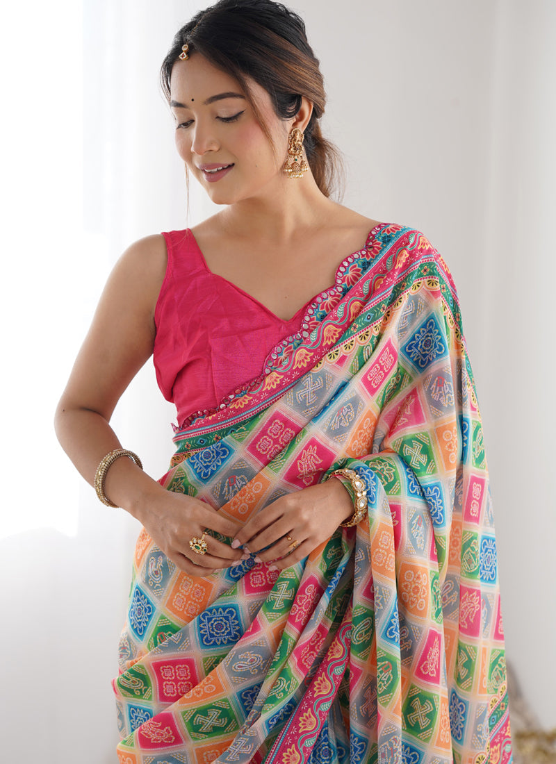 Multi Color Chinon Silk Printed Saree with Mirror Work Border
