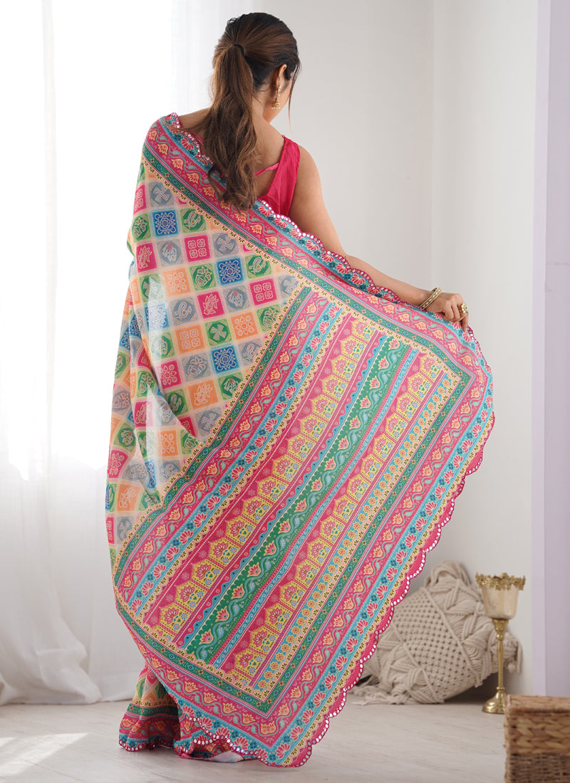 Multi Color Chinon Silk Printed Saree with Mirror Work Border