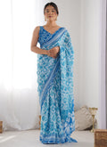 Sky Blue Chinon Silk Saree with Mirror Work Border