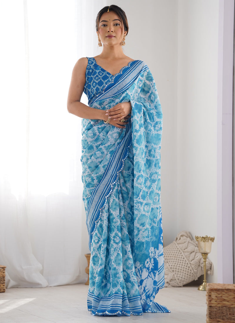 Sky Blue Chinon Silk Saree with Mirror Work Border