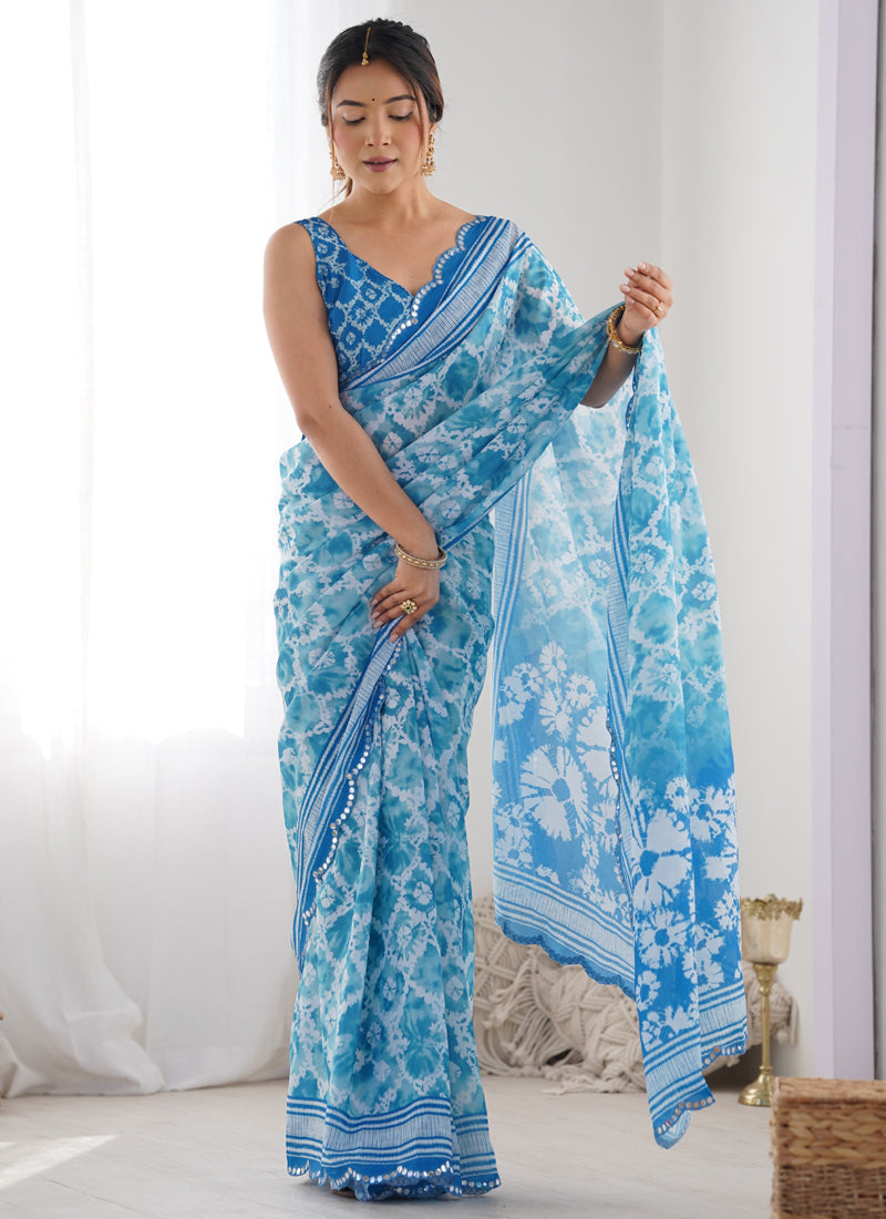 Sky Blue designer Chinon silk saree with decorative mirror work border
