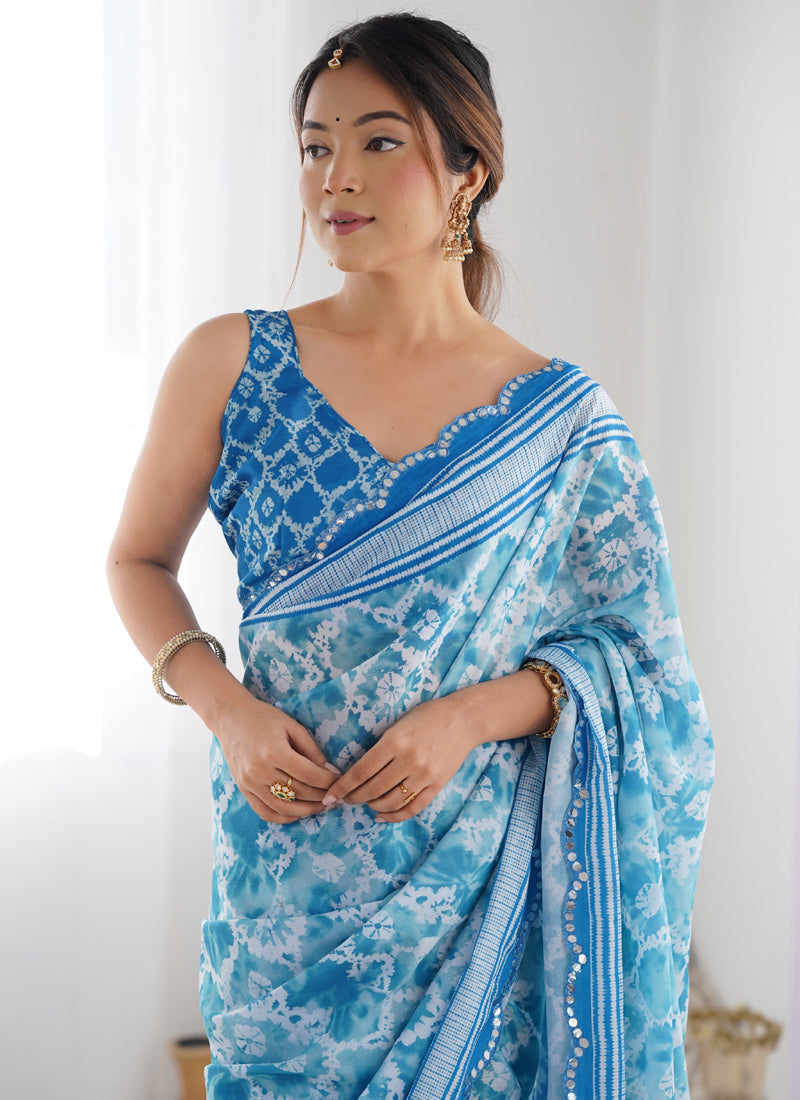 Sky Blue Chinon Silk Saree with Mirror Work Border
