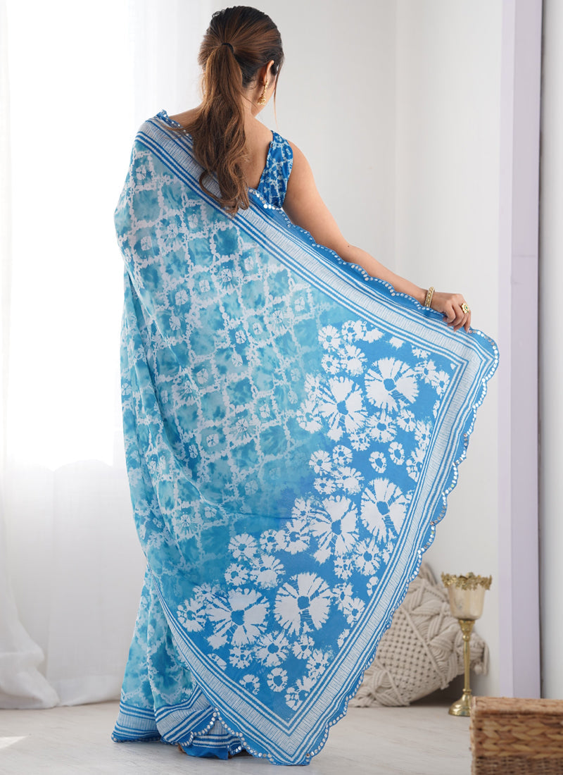 Sky Blue Chinon Silk Saree with Mirror Work Border