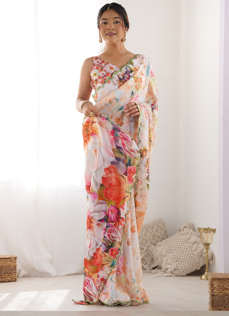 Off White Chinon Silk Saree with Mirror Work Border