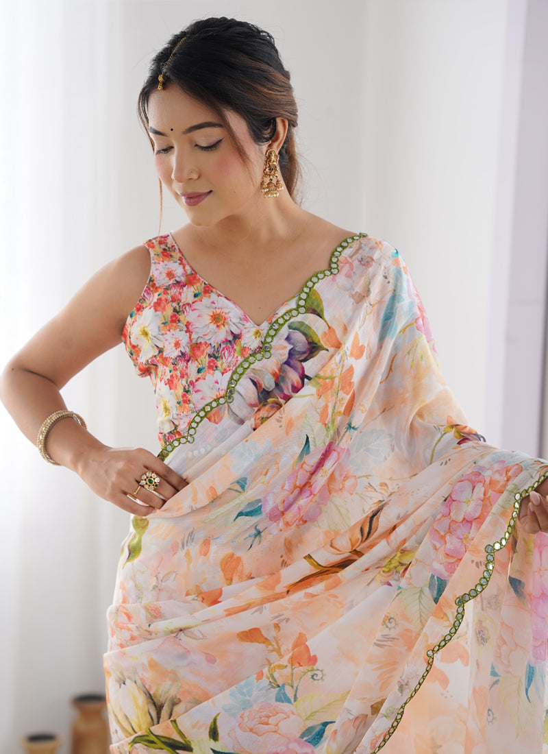Off White Chinon Silk Saree with Mirror Work Border