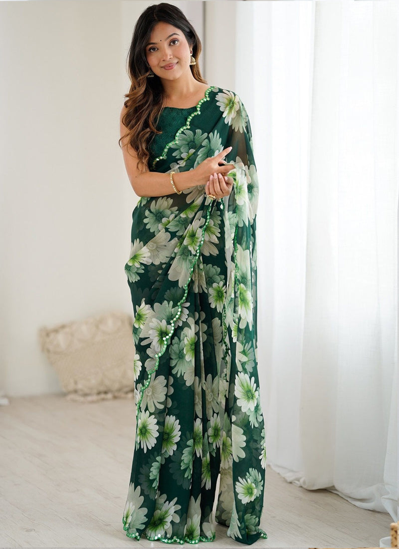Vegaa Fashion Green Georgette Silk Printed Mirror Work Border Designer Saree