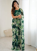 Vegaa Fashion Green Georgette Silk Printed Mirror Work Border Designer Saree