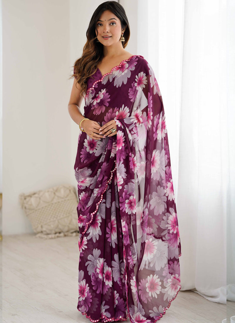Vegaa Fashion Purple Georgette Silk Printed Mirror Work Border Designer Saree