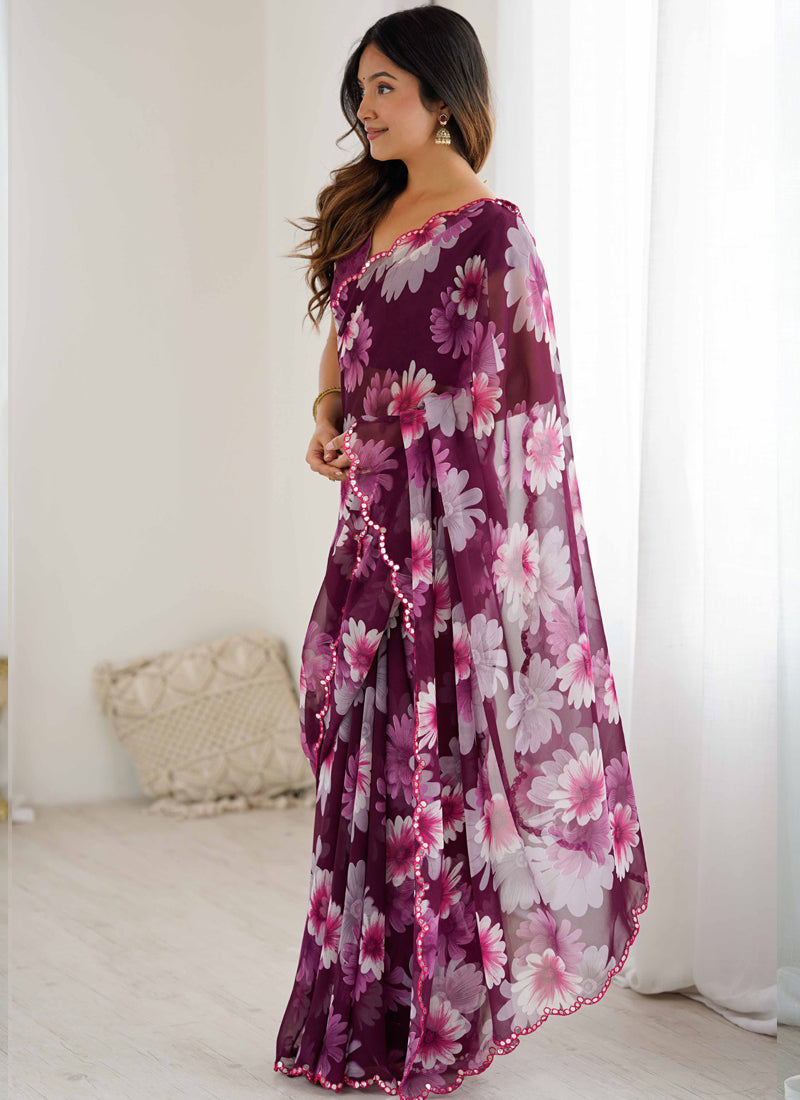 Vegaa Fashion Purple Georgette Silk Printed Mirror Work Border Designer Saree