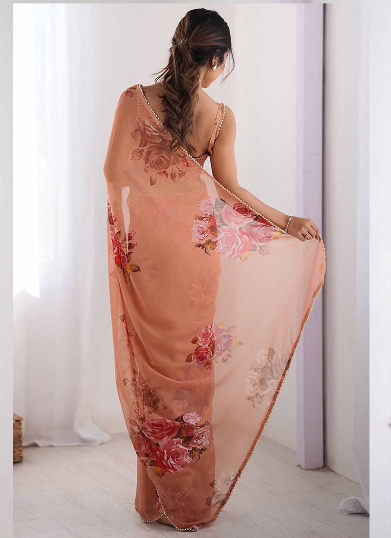Peach Georgette Silk Printed Saree with Moti Work Border