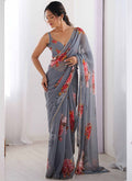 Vegaa Fashion Grey Georgette Silk Printed Moti Work Border Designer Saree