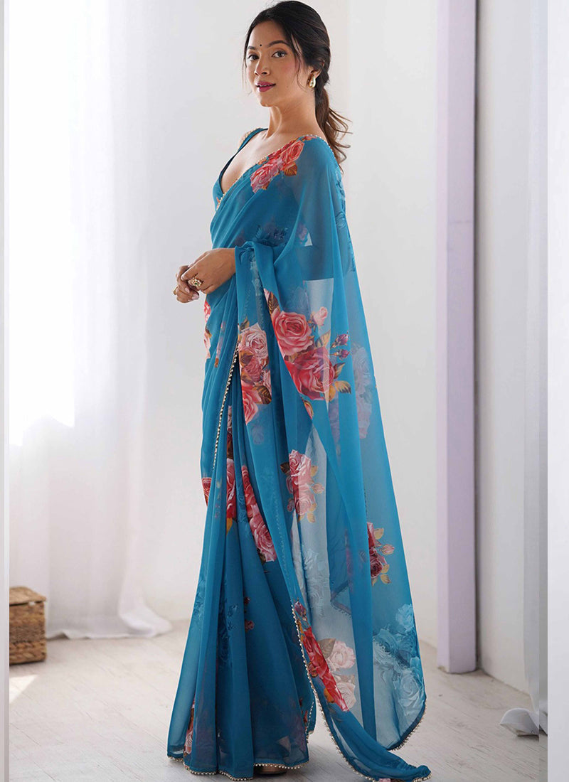 Sky Blue Georgette Silk Printed Saree with Moti Work Border