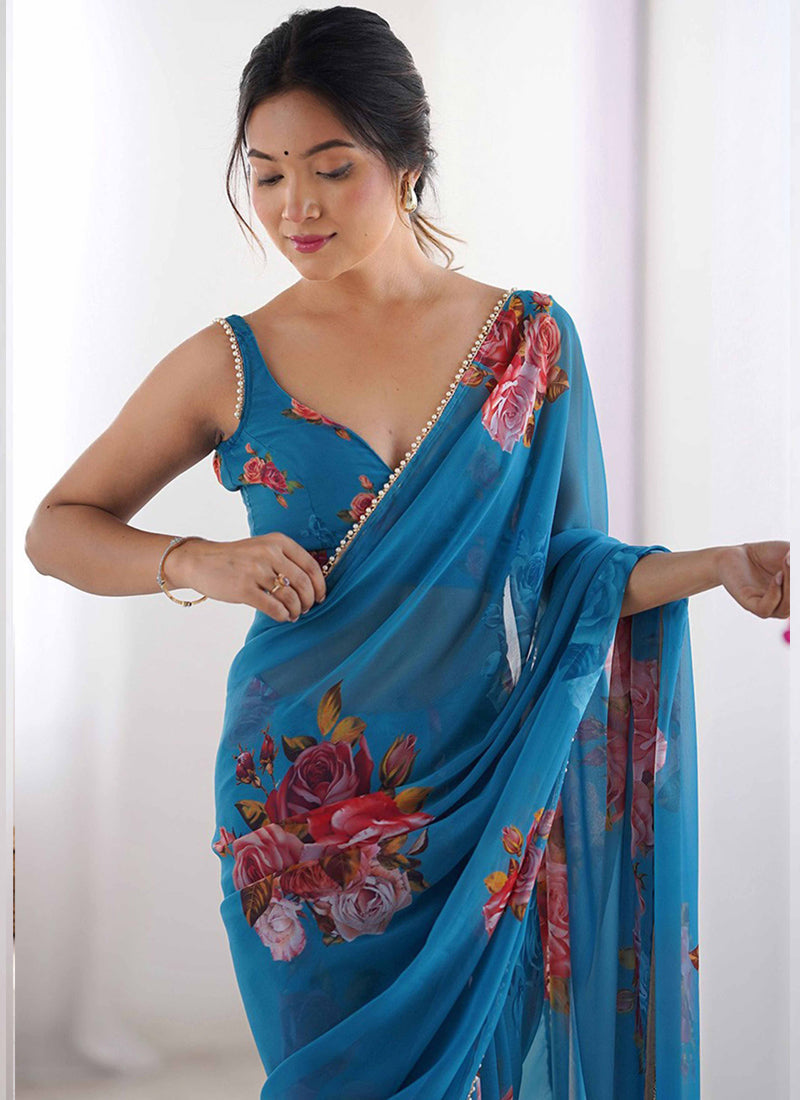 Sky Blue Georgette Silk Printed Saree with Moti Work Border