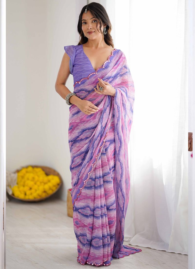 Vegaa Fashion Lavender Georgette Printed Mirror Work Border Designer Saree