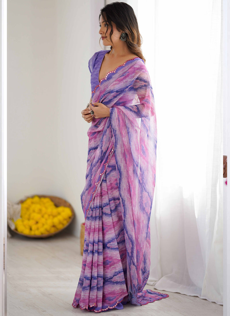Vegaa Fashion Lavender Georgette Printed Mirror Work Border Designer Saree