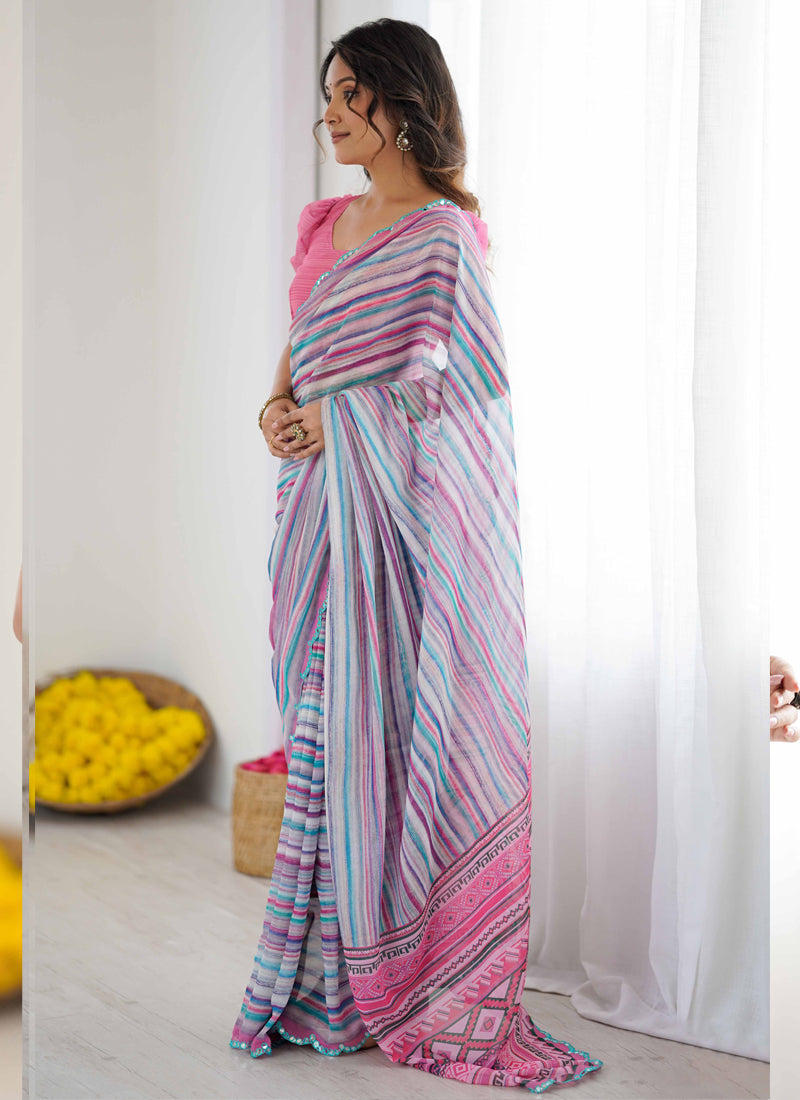 Multi Color Georgette Printed Saree with Mirror Work Border