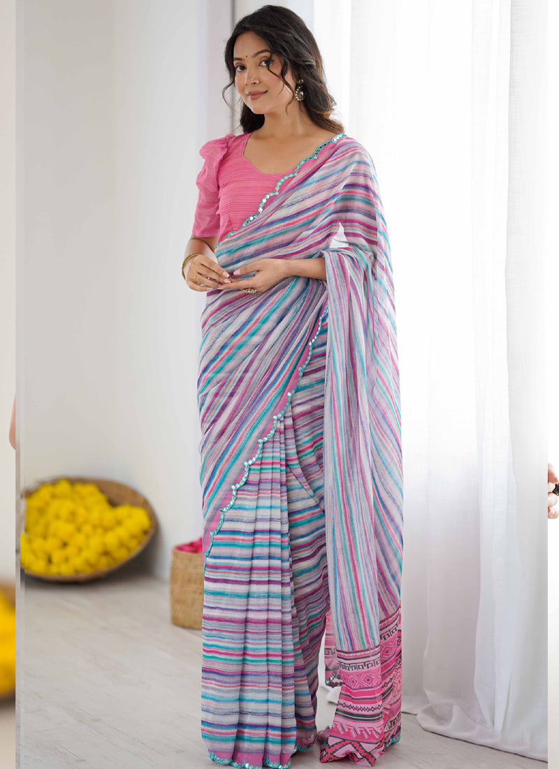 Multi Color Georgette Printed Saree with Mirror Work Border