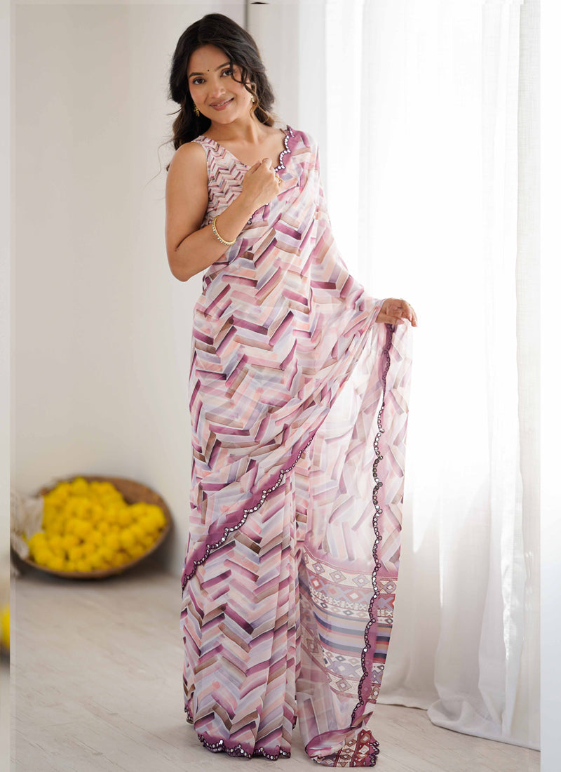 Multi Color Geometric Chiffon Saree with Mirror Work Border