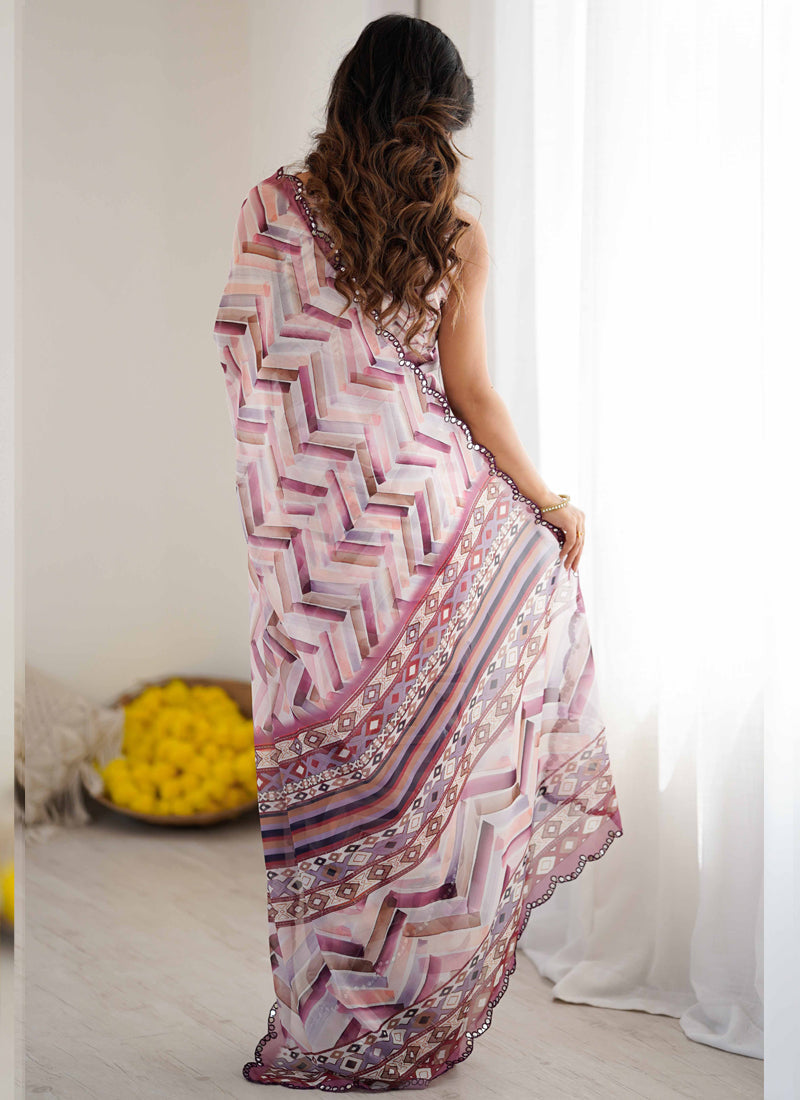 Multi Color Geometric Chiffon Saree with Mirror Work Border