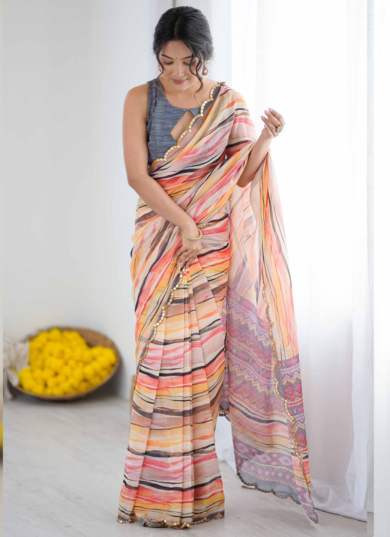 Multi Color Georgette Printed Saree with Mirror Work Border