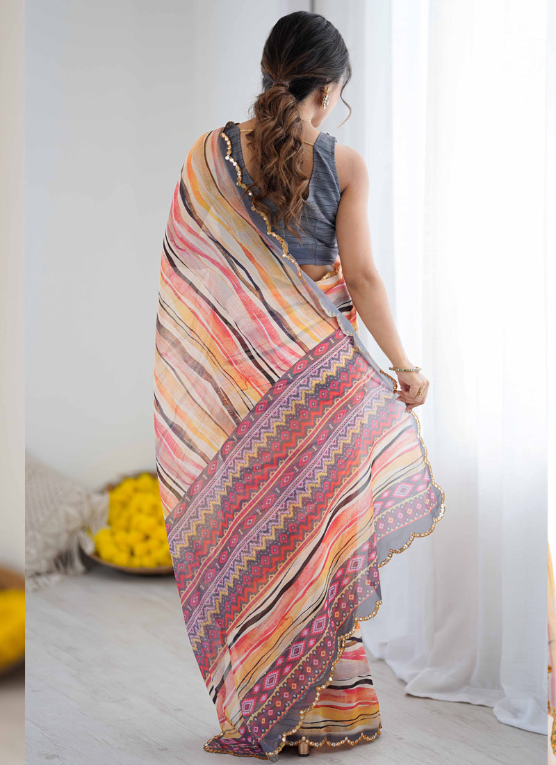 Multi Color Georgette Printed Saree with Mirror Work Border
