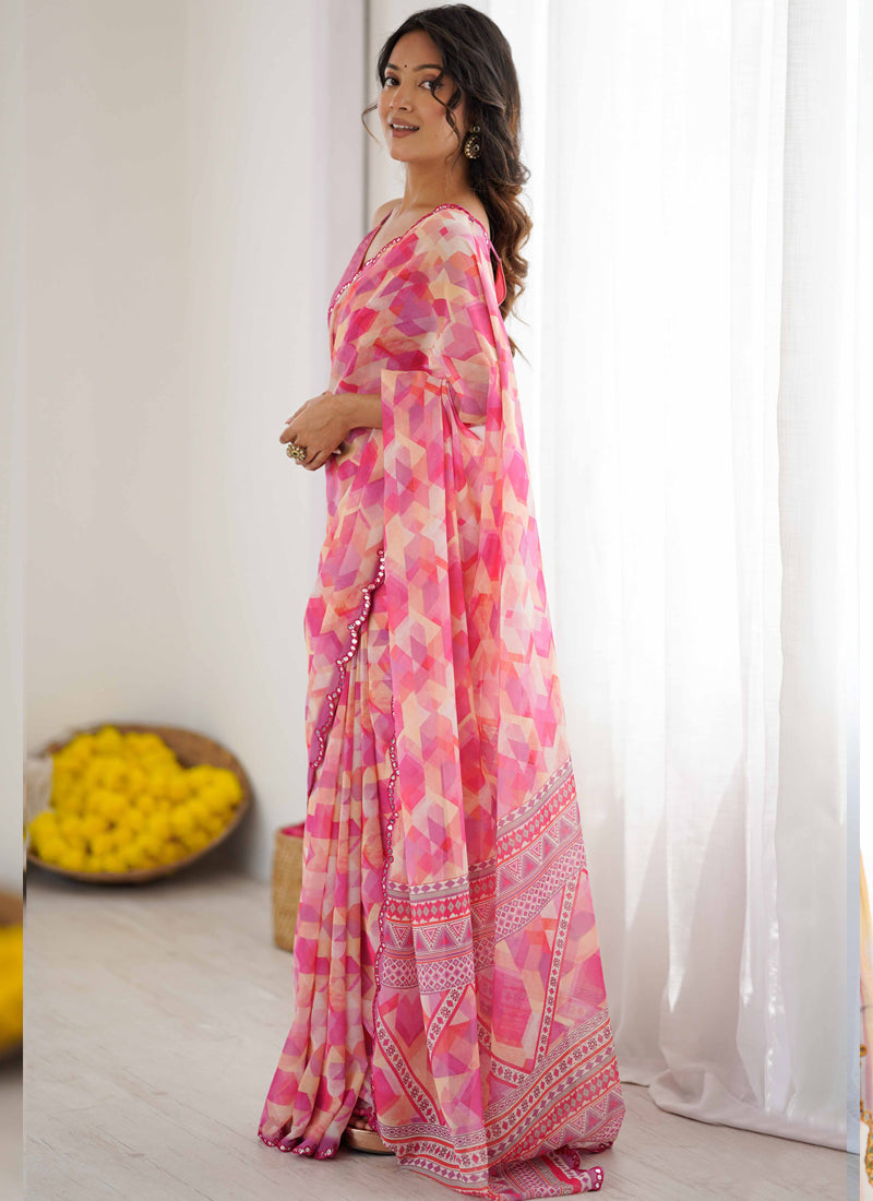 Vegaa Fashion Pink Georgette Printed Mirror Work Border Designer Saree