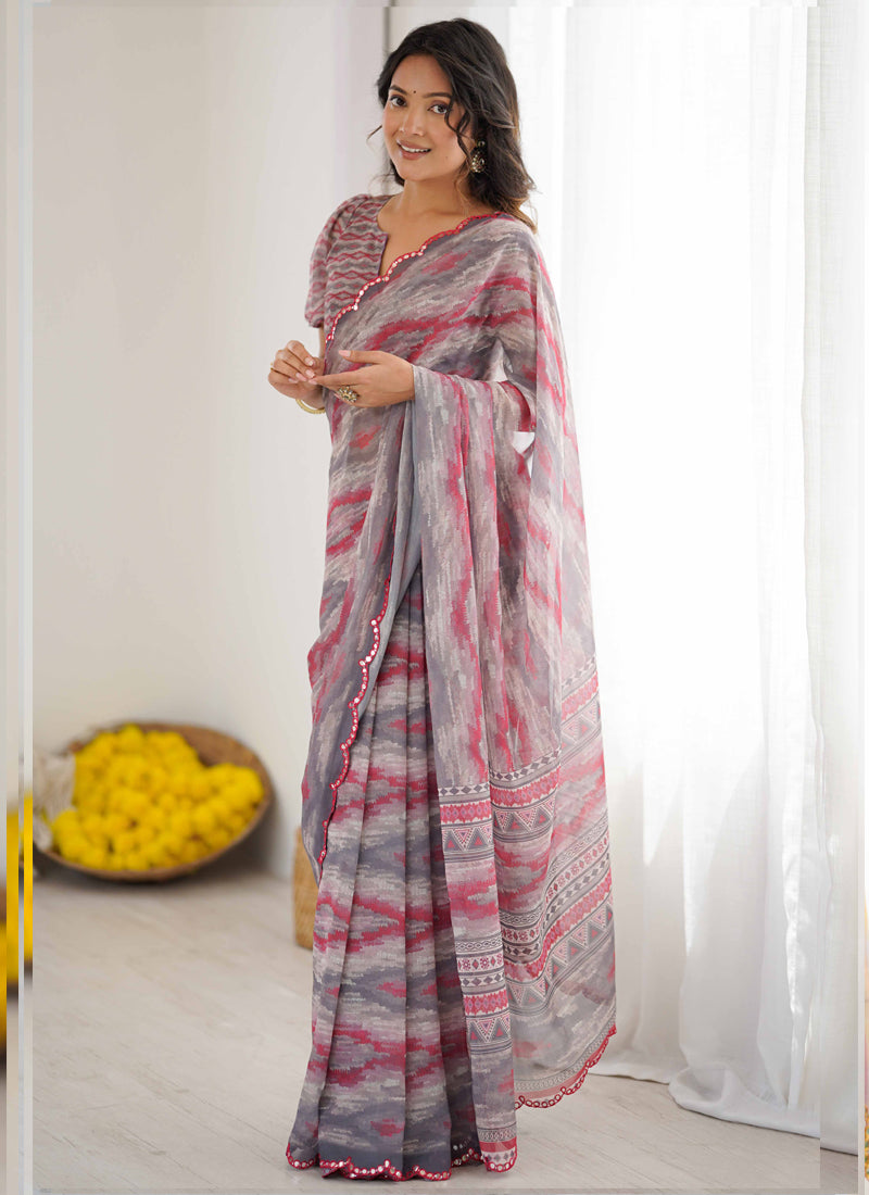 Multi Color Chiffon Printed Saree with Mirror Work Border