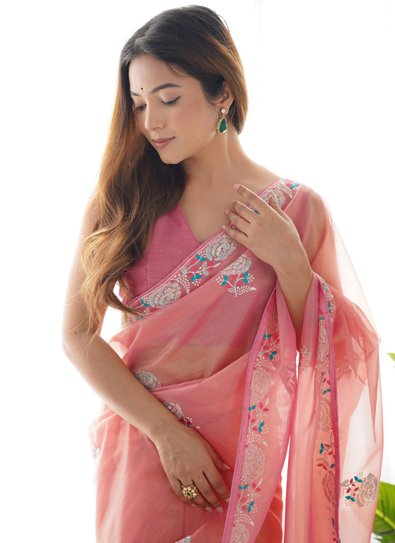 Peach Organza Thread Work Party Wear Saree