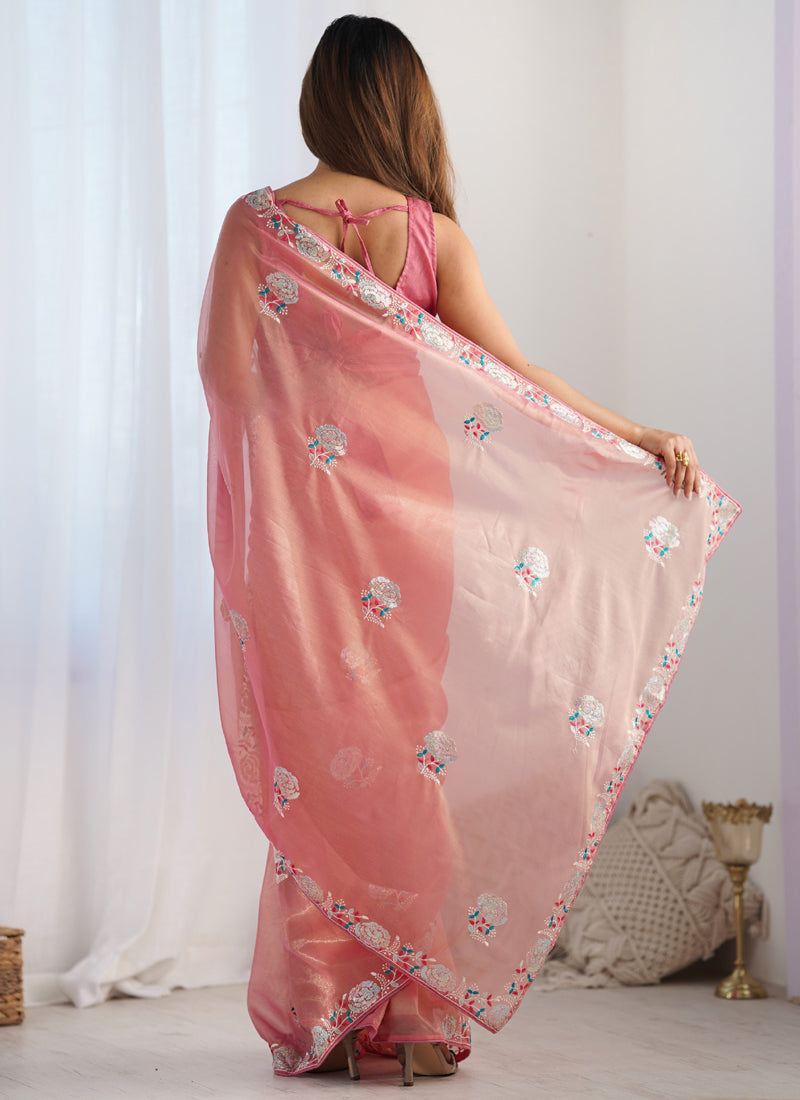 Peach Organza Thread Work Party Wear Saree