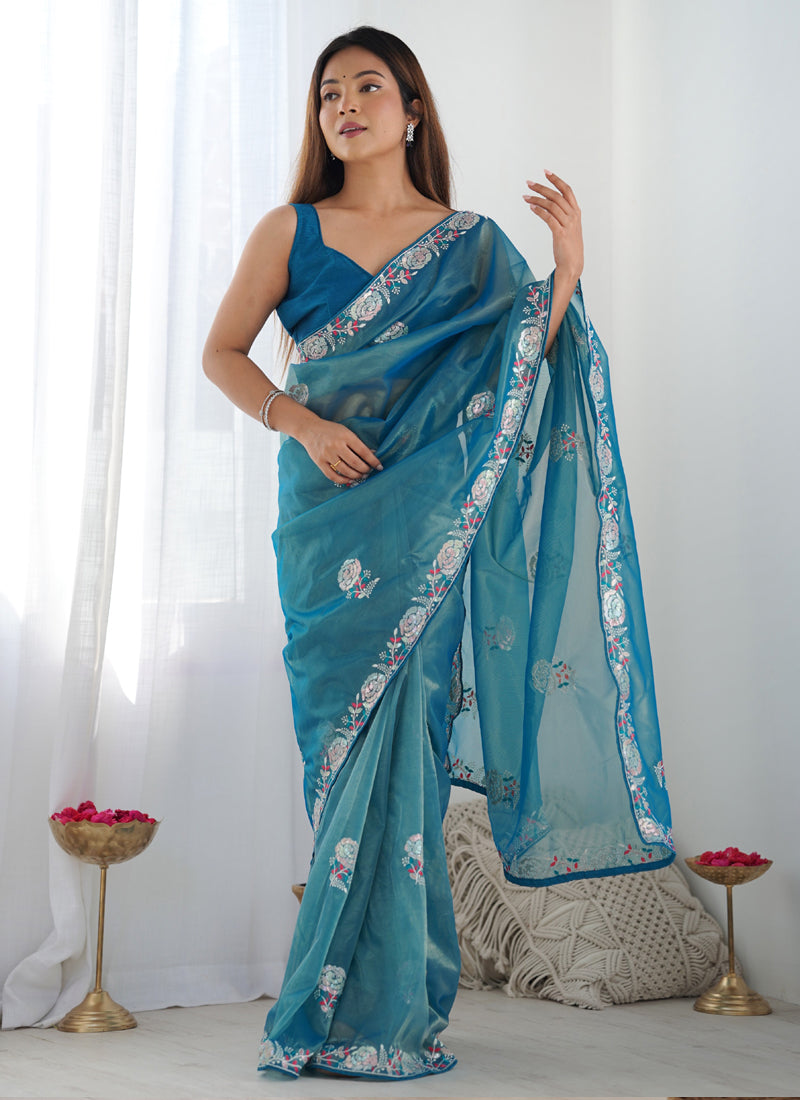 Rama Organza Thread Work Party Wear Saree with Lace Border