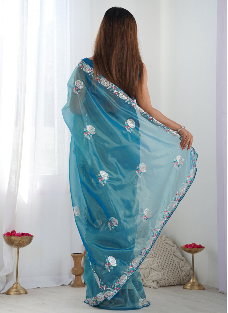Rama Organza Thread Work Party Wear Saree with Lace Border