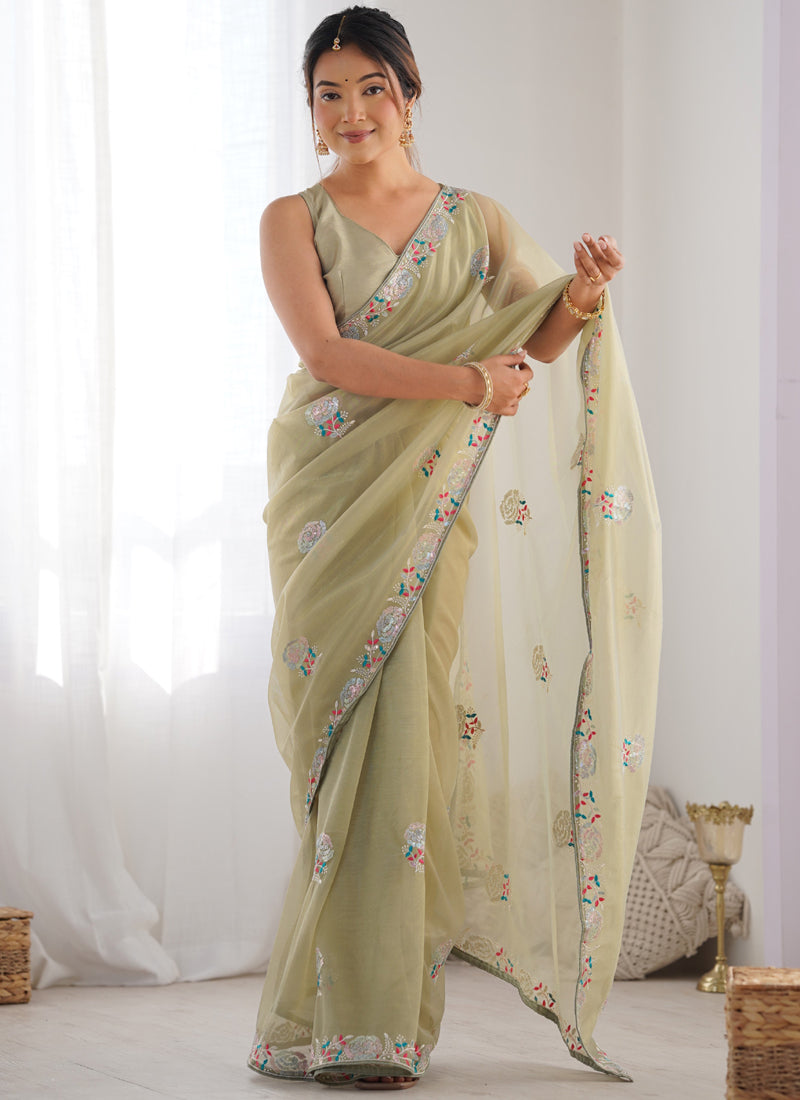 Olive Green Organza Thread Work Party Wear Saree with Lace Border