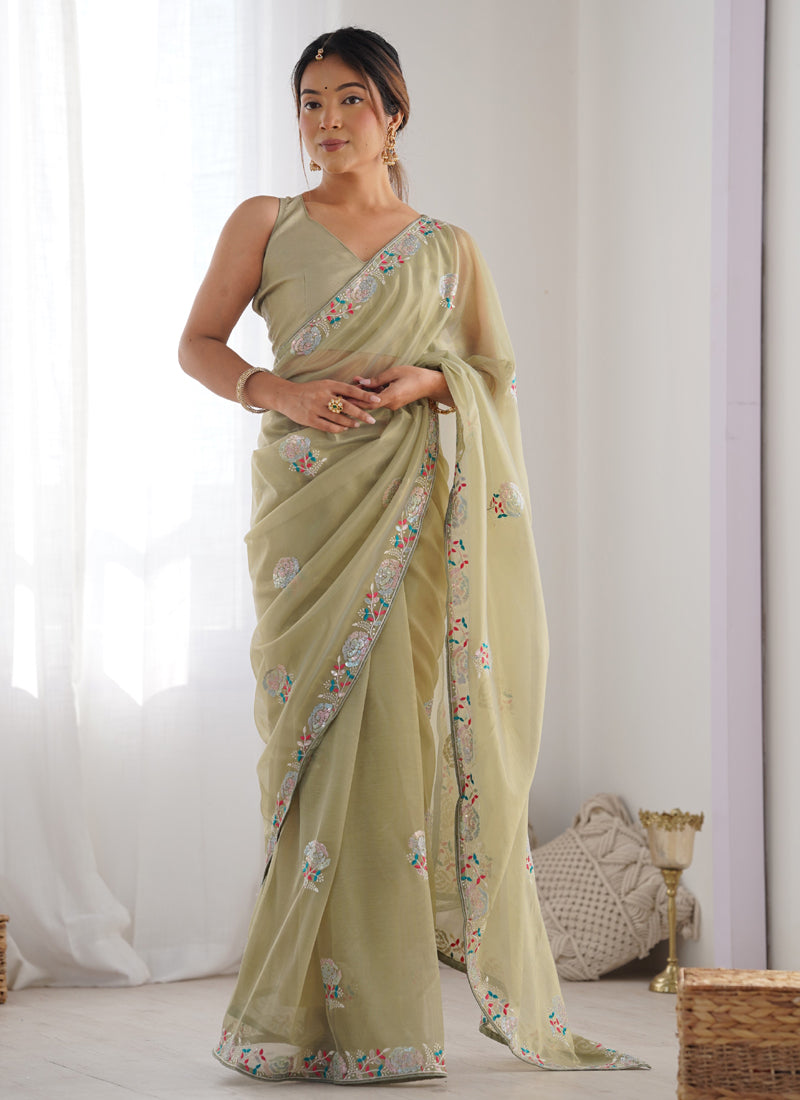 Olive Green Organza saree with thread work and heavy lace border