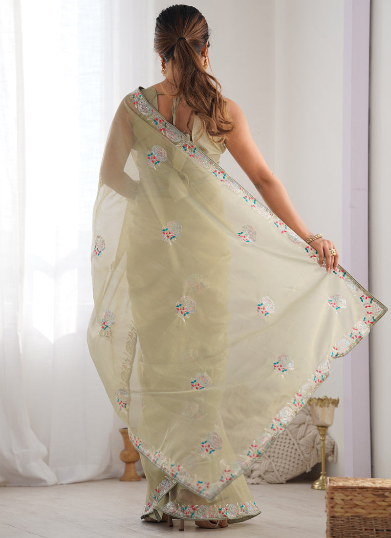 Olive Green Organza Thread Work Party Wear Saree with Lace Border