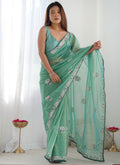 Turquoise Organza Party Wear Saree with Thread Work & Lace Border