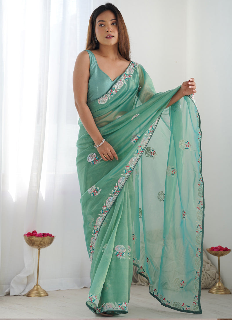 Turquoise Organza Party Wear Saree with Thread Work & Lace Border