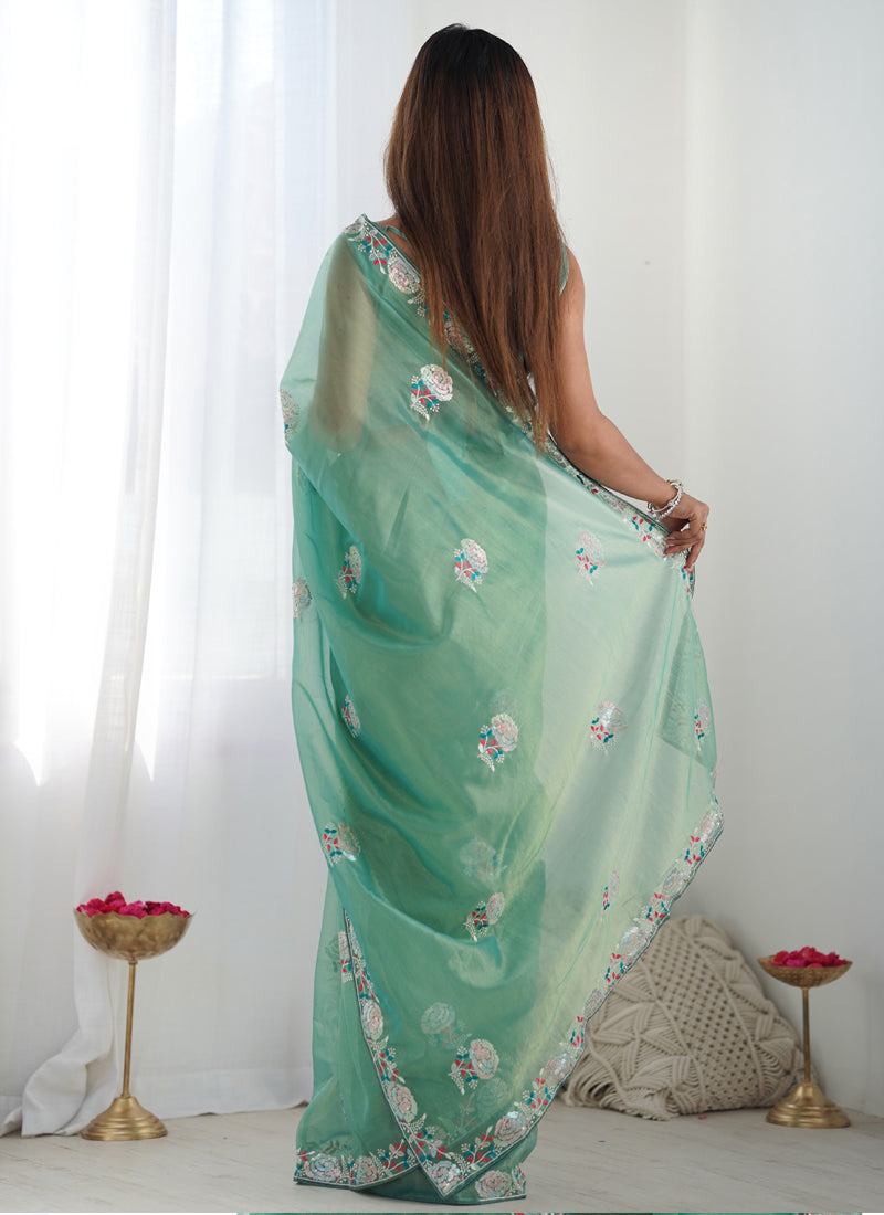Turquoise Organza Party Wear Saree with Thread Work & Lace Border