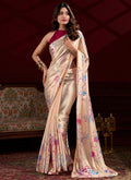 Cream Satin Silk saree with digital print and pearl-detailed lace border