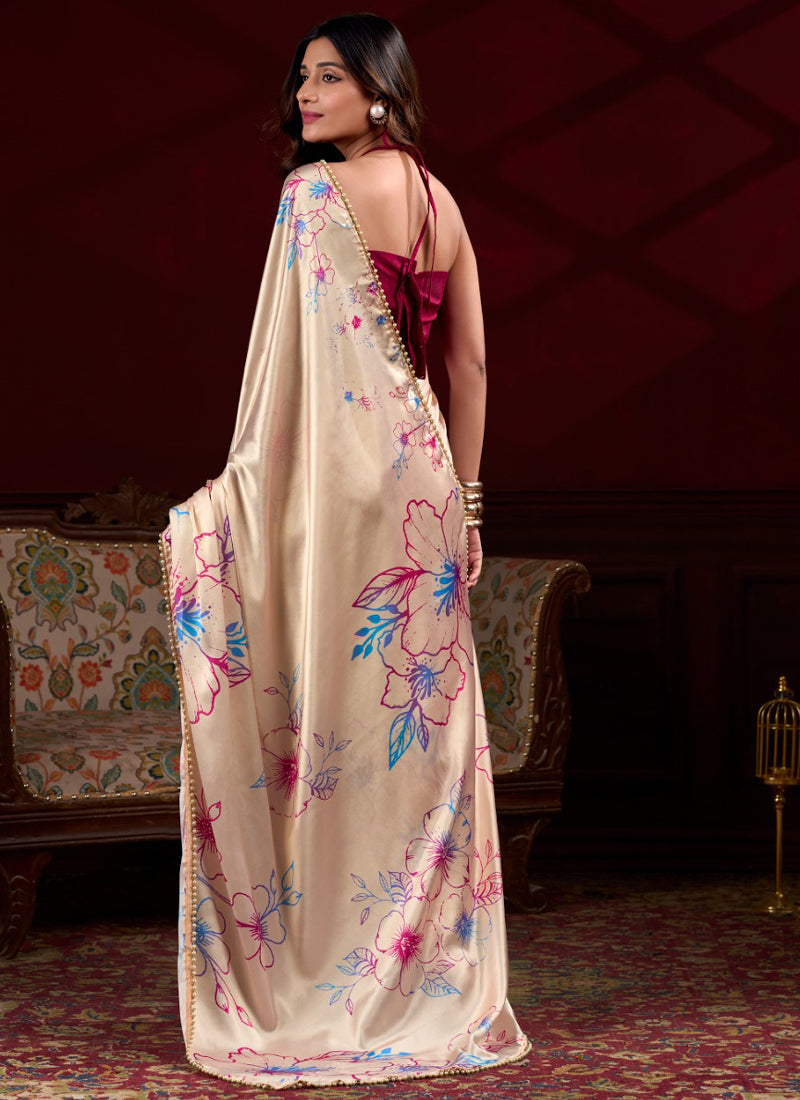 Cream Satin Silk Digital Printed Saree with Pearl Lace Border