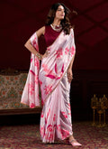 Light Pink Satin Silk Saree with Digital Print & Pearl Lace Border