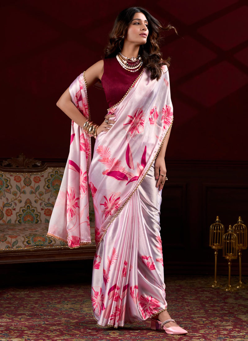 Light Pink Satin Silk Saree with Digital Print & Pearl Lace Border