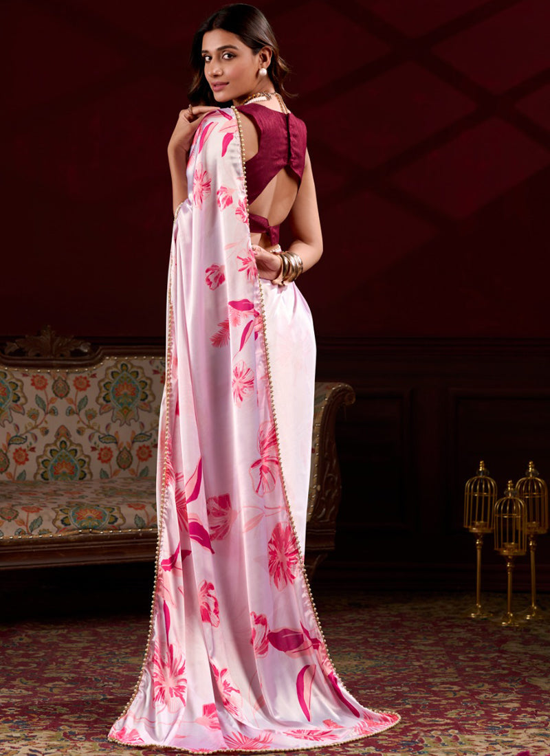 Light Pink Satin Silk Saree with Digital Print & Pearl Lace Border
