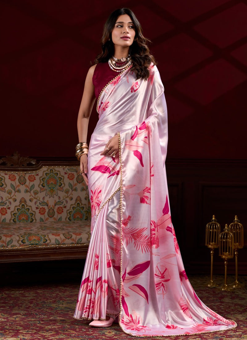 Light Pink Satin Silk saree with digital prints and pearl lace border detail