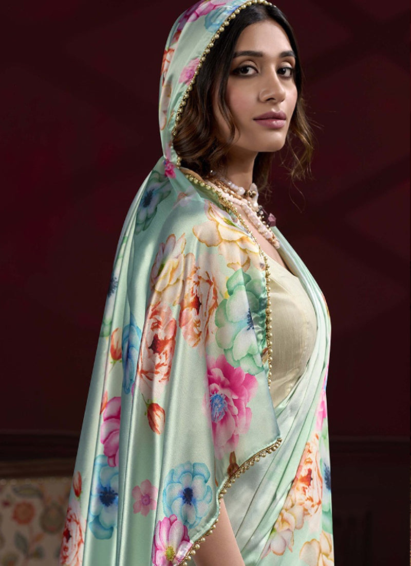 Light Green Satin Silk Saree with Pearl Lace Border