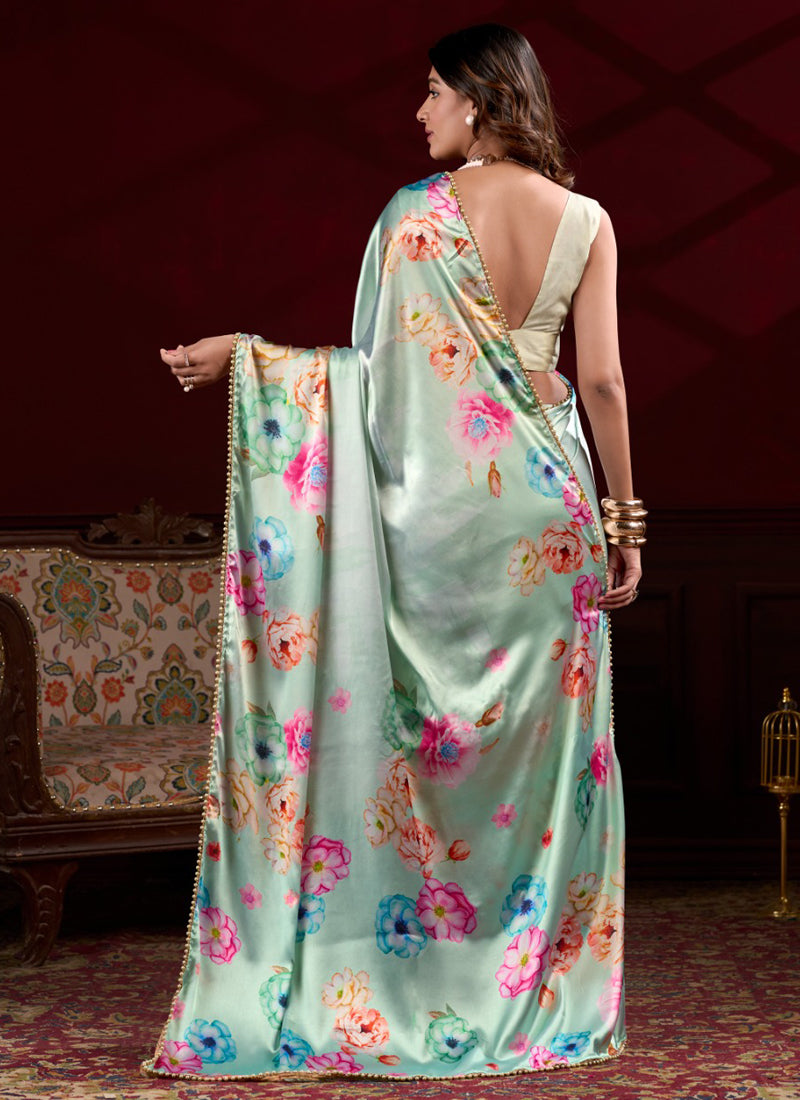 Light Green Satin Silk Saree with Pearl Lace Border