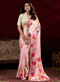 Baby pink satin silk saree with digital prints and pearl lace border for toddlers
