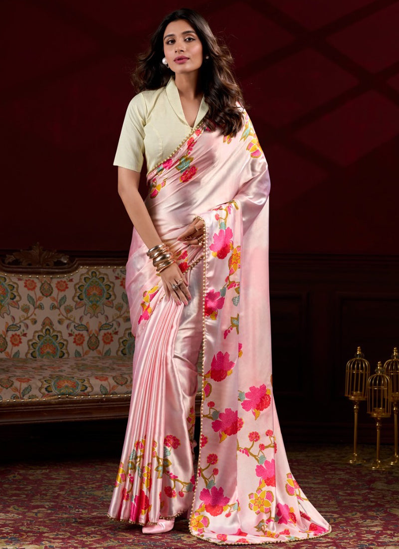 Baby pink satin silk saree with digital prints and pearl lace border for toddlers
