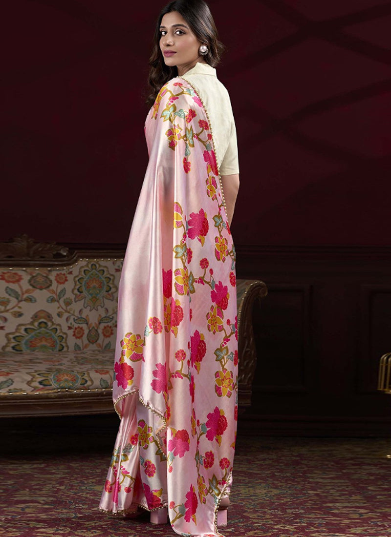 Baby Pink Satin Silk Traditional Saree with Pearl Lace Border