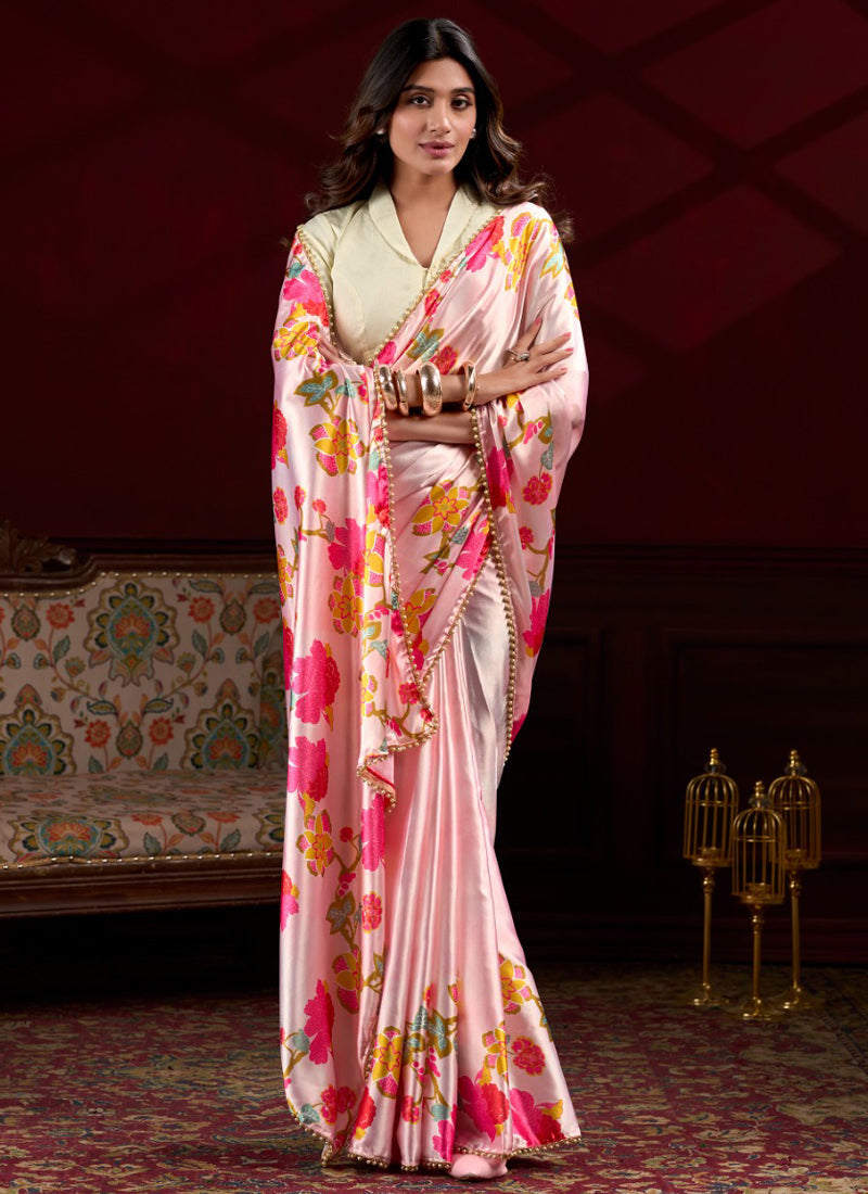 Baby Pink Satin Silk Traditional Saree with Pearl Lace Border